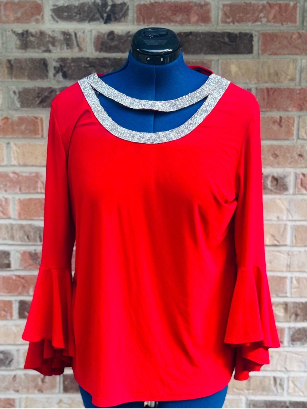 MSK Red Long-Sleeve Top with Silver Rhinestone Neckline